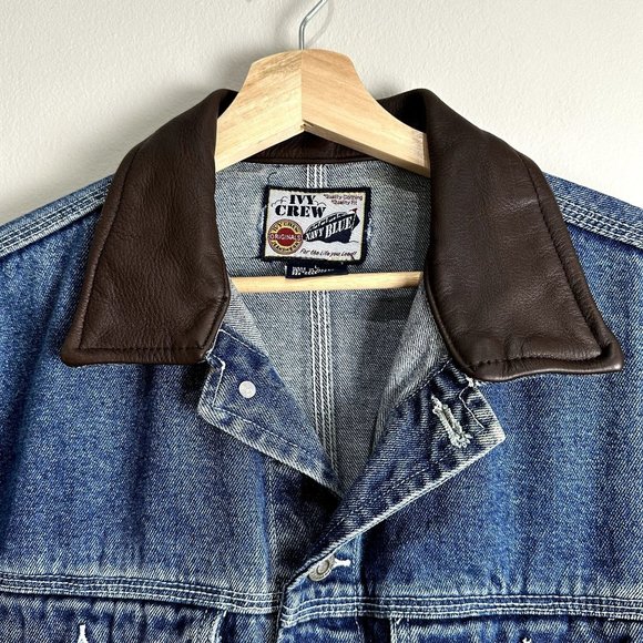 Vintage Ivy Crew Unisex Denim Jacket Size L Brown Leather Collar 90s Y2K Jean - Picture 5 of 10